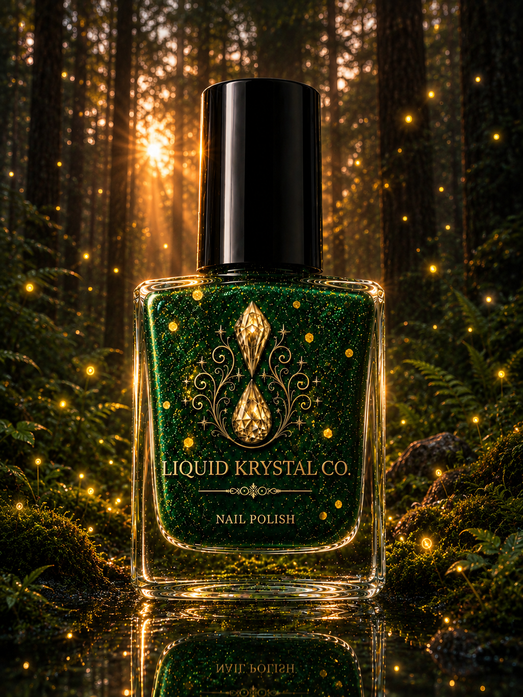 Firefly Hollow | Prototype 2027 – NOT FOR SALE | Glow in the Dark Woodland Nail Polish | Hunter Green Jelly with Gold Firefly Glitter | Liquid Krystal Co