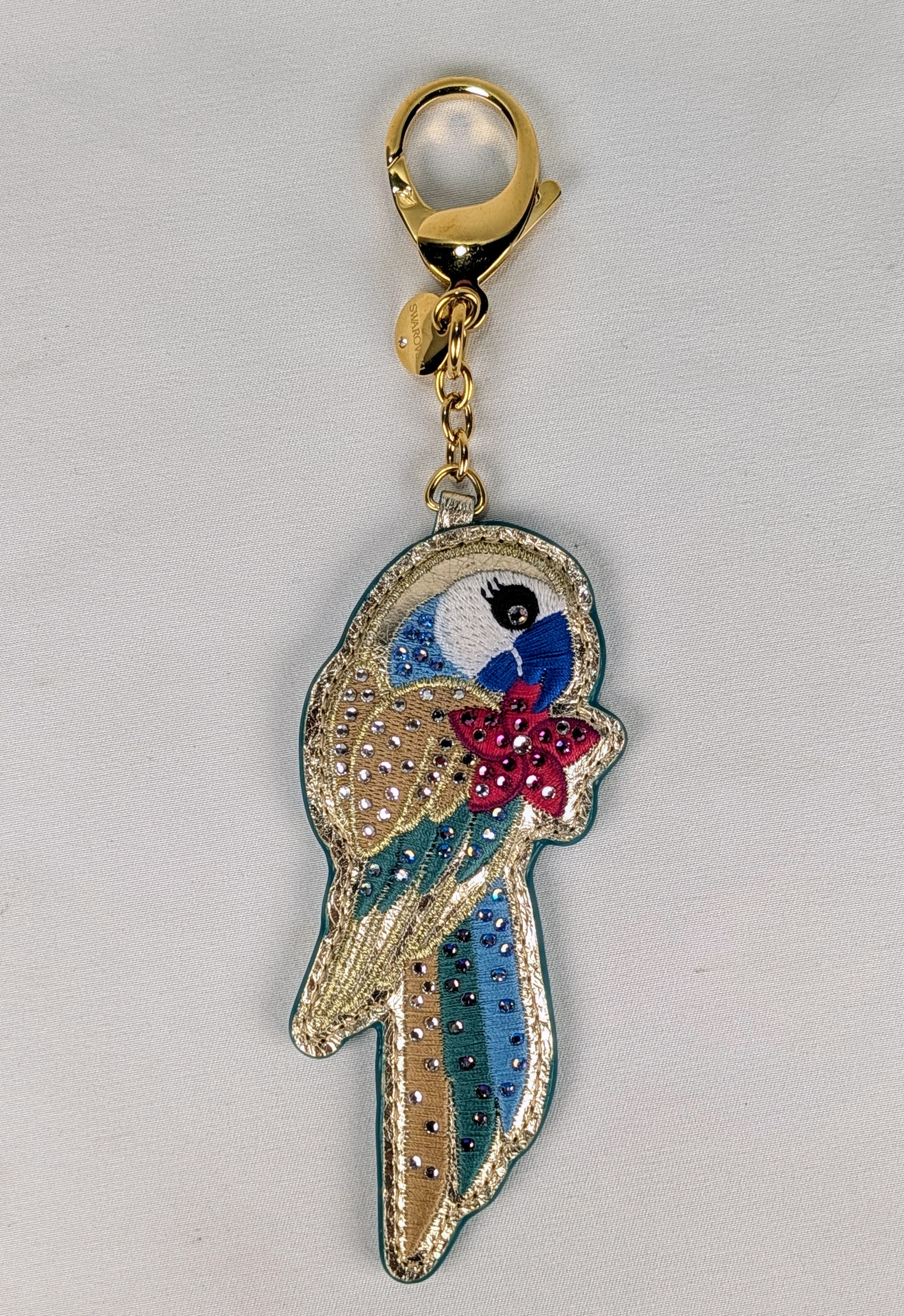 Rare Vintage Swarovski Crystal Tropical Parrot Leather Bag Charm Keychain Multicolor Bird Gold Tone NWT Style Collectible