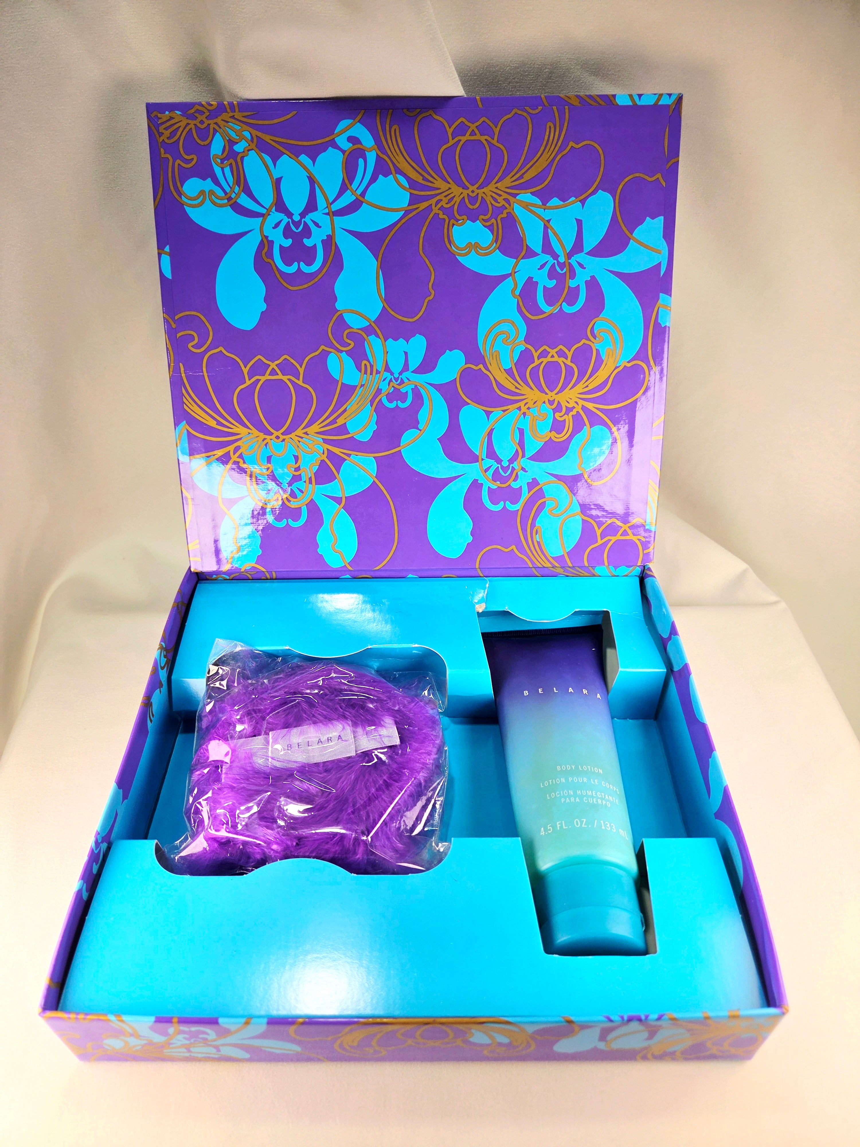Belara Body Lotion Collector Gift Set with Shimmer Powder Body Puff | Vintage Bath & Body Collection | Colorful Spa Gift Set