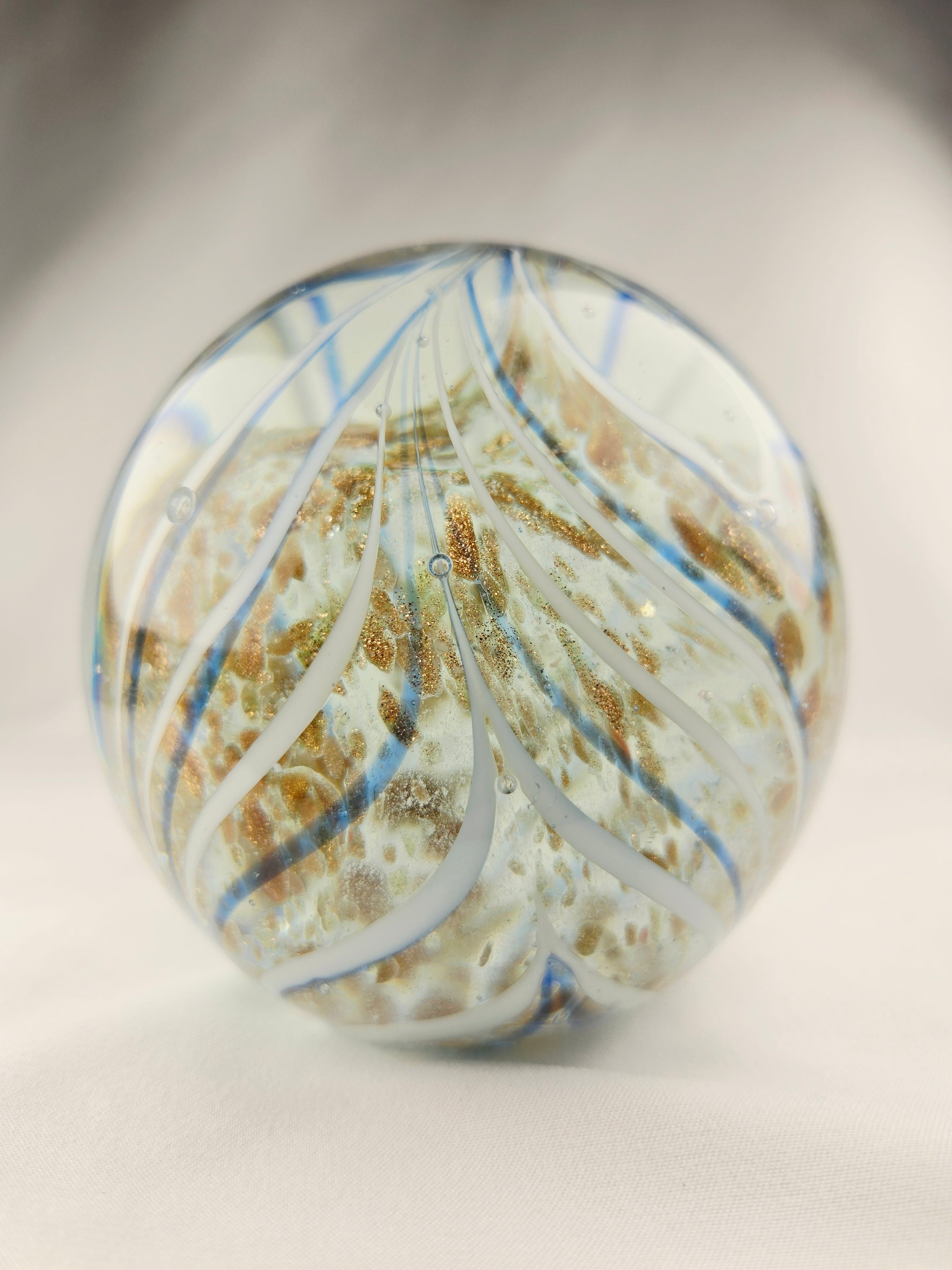 Handblown Art Glass Orb Paperweight — Blue Ribbon Swirl with Gold Fleck Interior