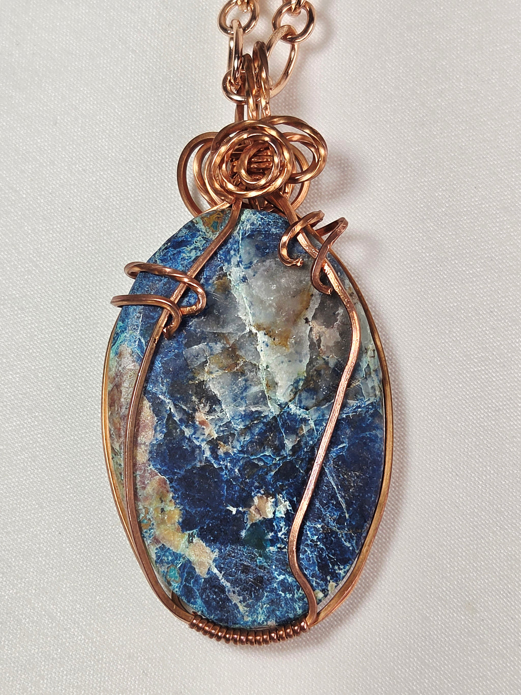 Shattuckite Azurite Stone Wire-Wrapped Pendant Necklace – Copper-Tone Chain – Blue Statement Jewelry