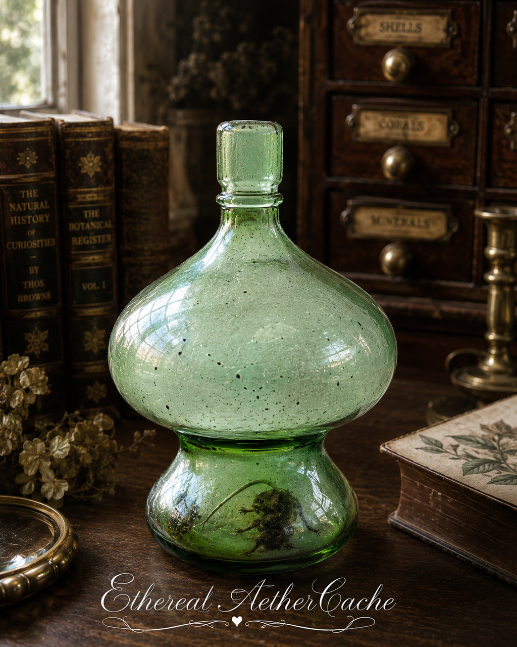 Vintage Green Glass Curiosity Bottle with Naturally Preserved Oddity