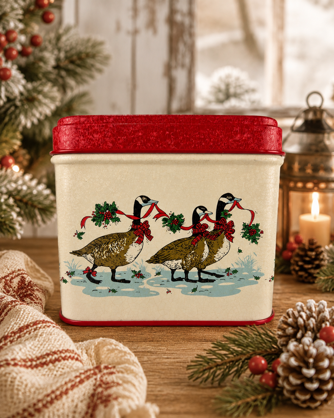 Vintage Potpourri Press Christmas Geese Tin w Matching Coaster Set Holiday Decor