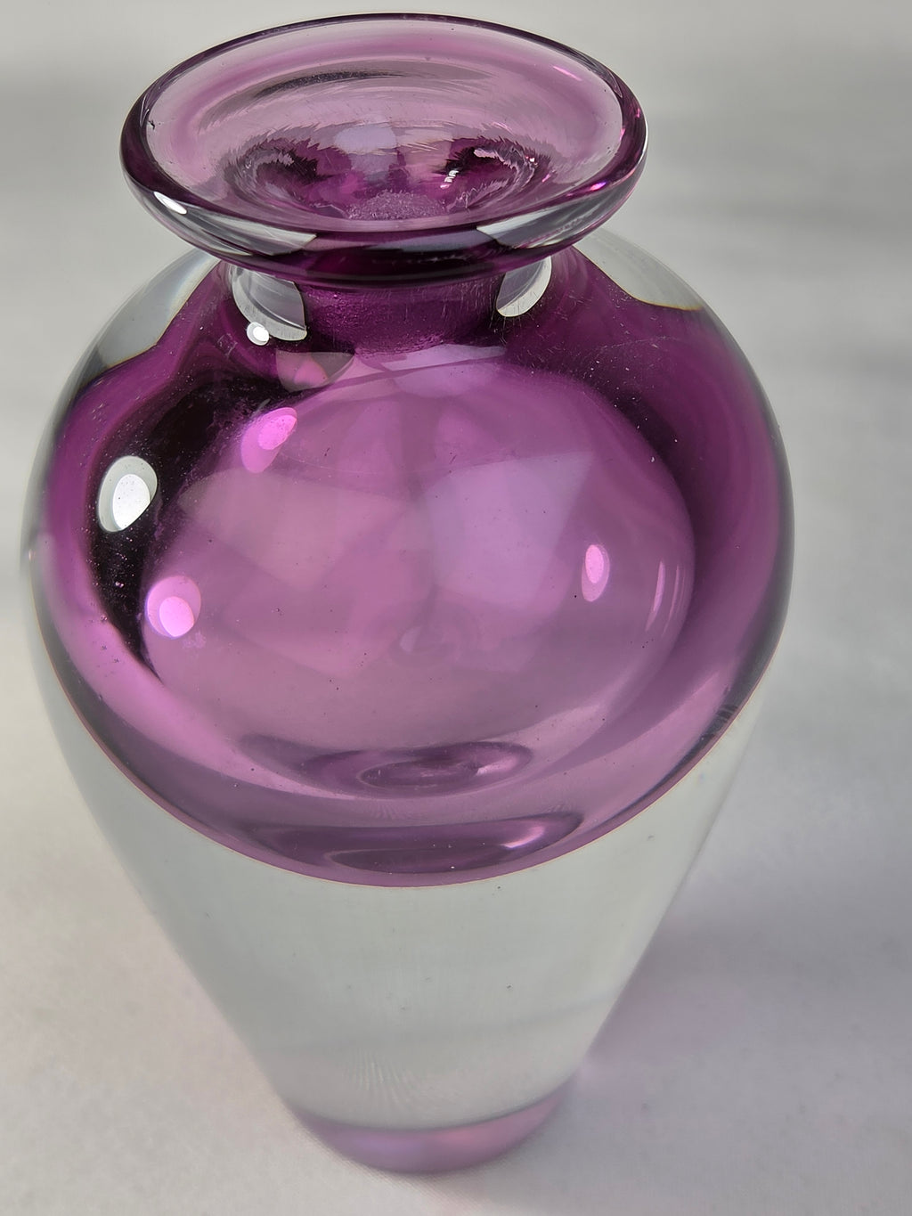 Vintage Signed R. Strand Swedish Art Glass Bud Vase 3.5" Amethyst Purple Clear MCM