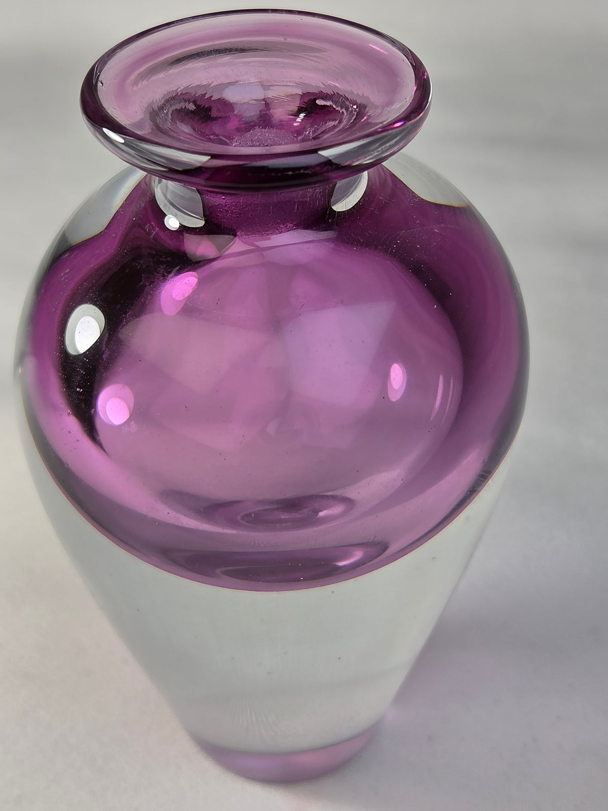 Vintage Signed R. Strand Swedish Art Glass Bud Vase 3.5" Amethyst Purple Clear MCM