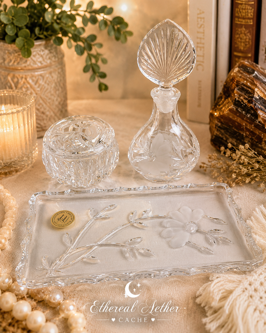 Princess House 24% Lead Crystal Vanity Set – West Germany Perfume Bottle, Trinket Box & Tray