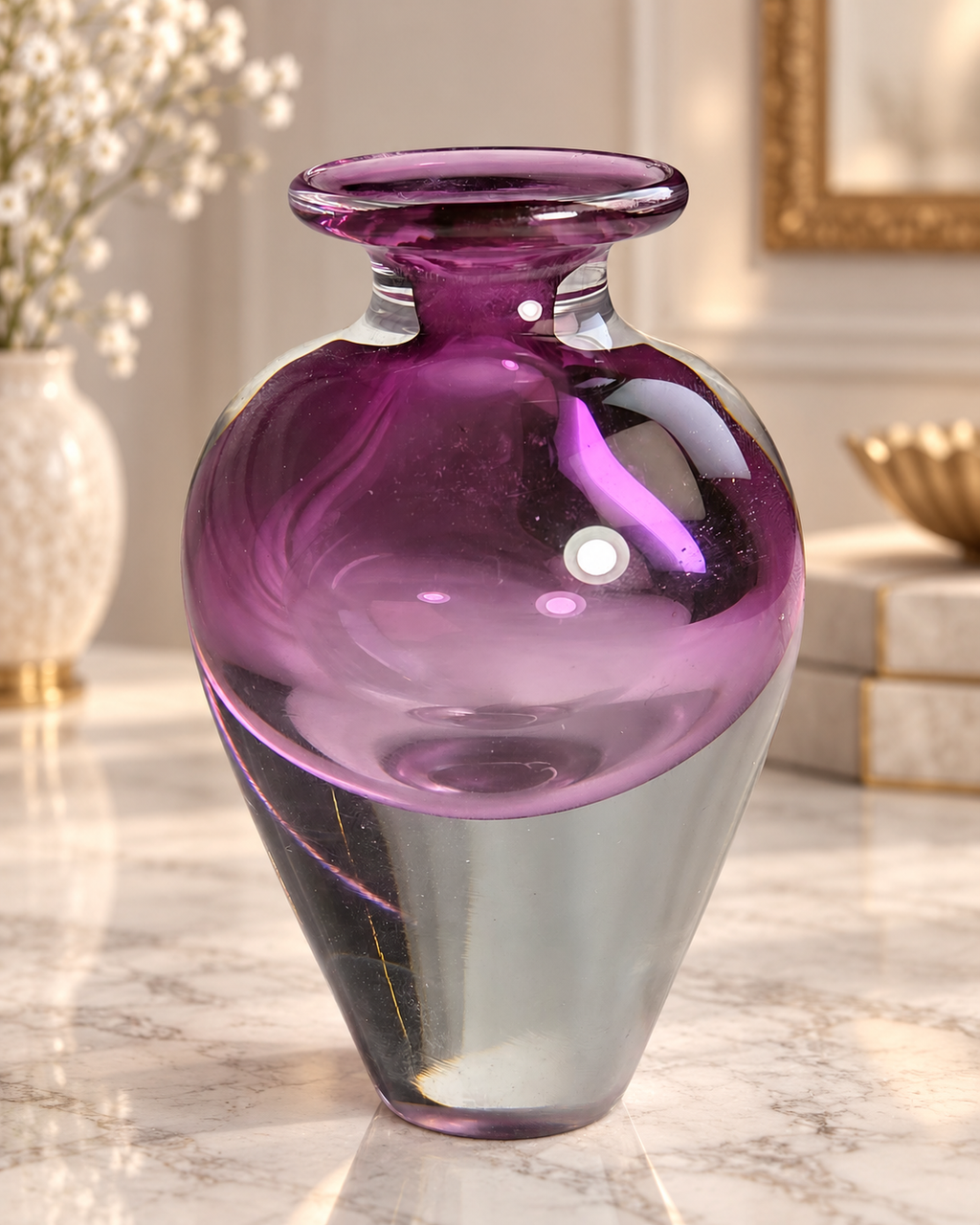 Vintage Signed R. Strand Swedish Art Glass Bud Vase 3.5" Amethyst Purple Clear MCM
