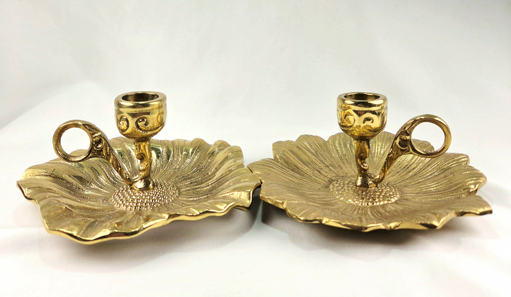 Vintage Heavy Cast Brass-Plated Floral Chamberstick Candle Holders Set of 2 | 6" Gold Tone Flower Candlesticks