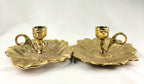 Vintage Heavy Cast Brass-Plated Floral Chamberstick Candle Holders Set of 2 | 6" Gold Tone Flower Candlesticks