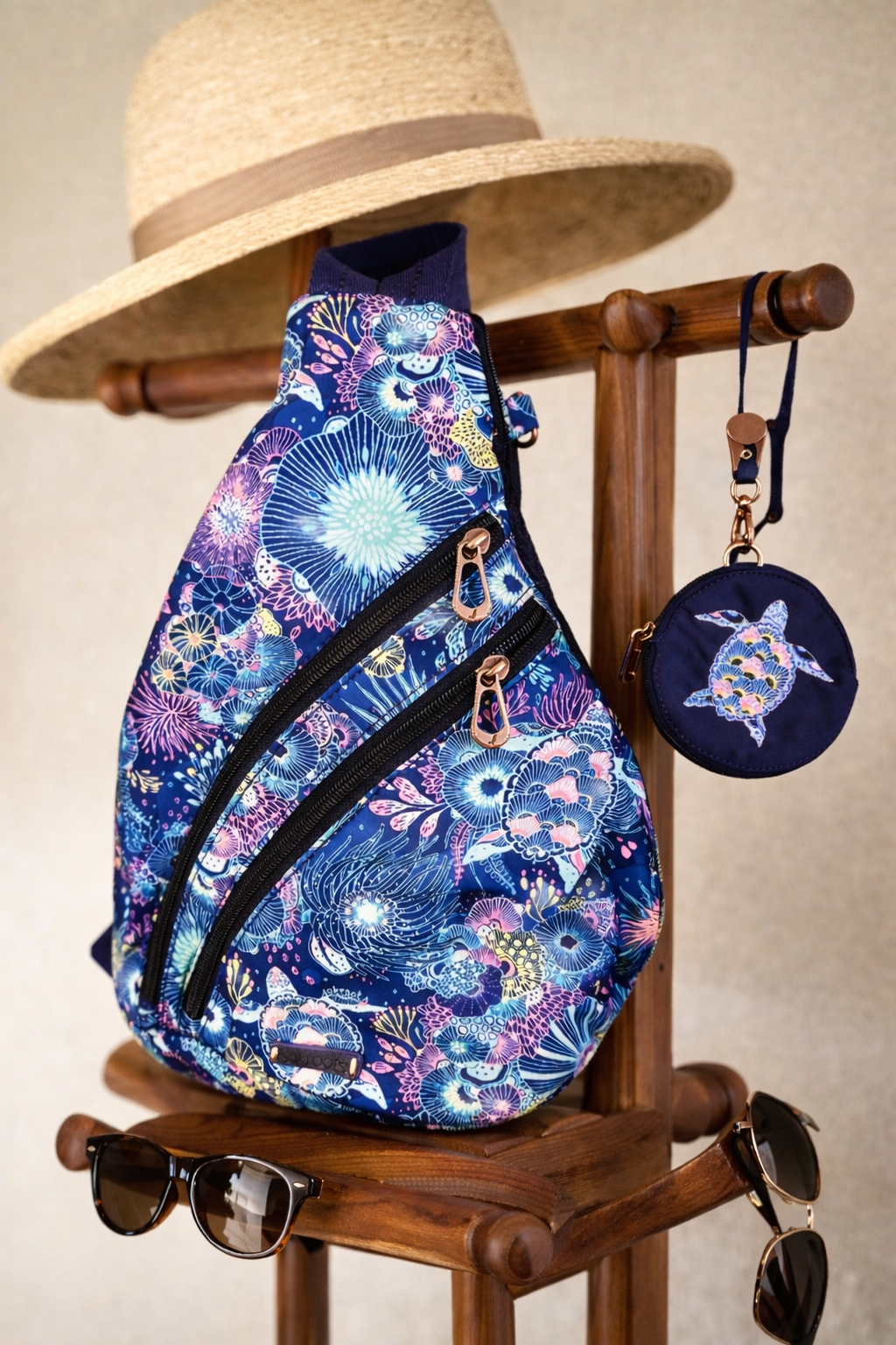 Sakroots Floral Sling Backpack with Turtle Coin Pouch travel backpack set