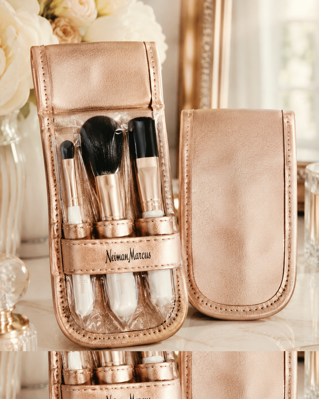 Neiman Marcus 3-Piece Makeup Brush Set with Rose Gold Travel Case – White & Metallic Cosmetic Brushes
