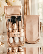Neiman Marcus 3-Piece Makeup Brush Set with Rose Gold Travel Case – White & Metallic Cosmetic Brushes