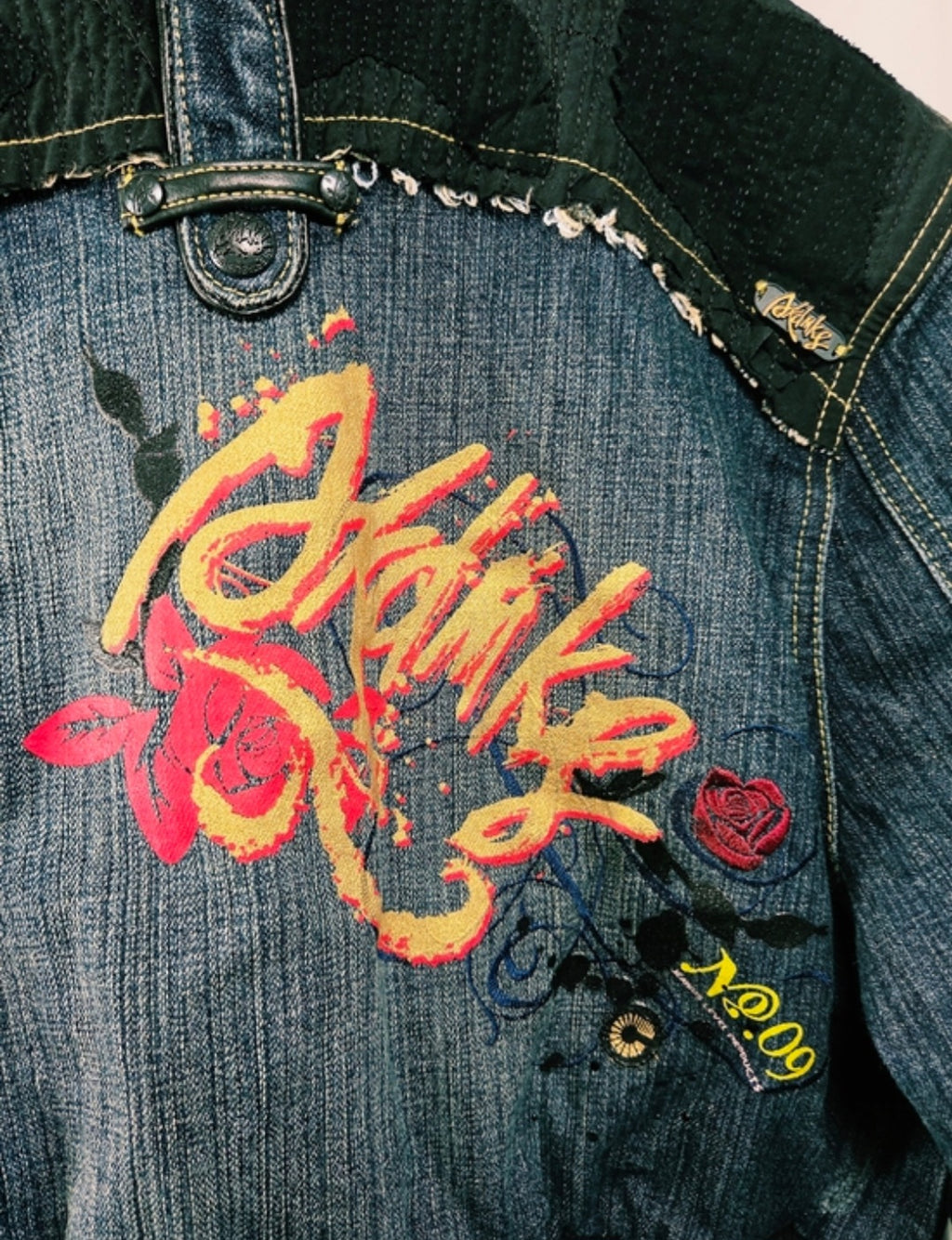 Y2K Akademiks Cropped Denim Bomber Jacket – Embroidered Buckle Detail Zip-Up