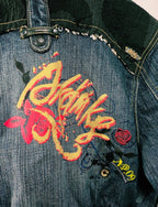 Y2K Akademiks Cropped Denim Bomber Jacket – Embroidered Buckle Detail Zip-Up