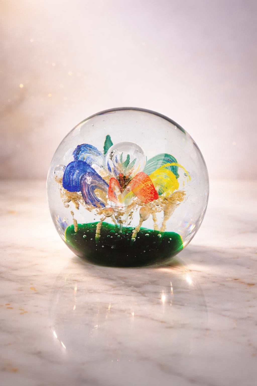 Floral Art Multicolor Glass Vintage Paperweight with Gold Flecks & Controlled Bubbles