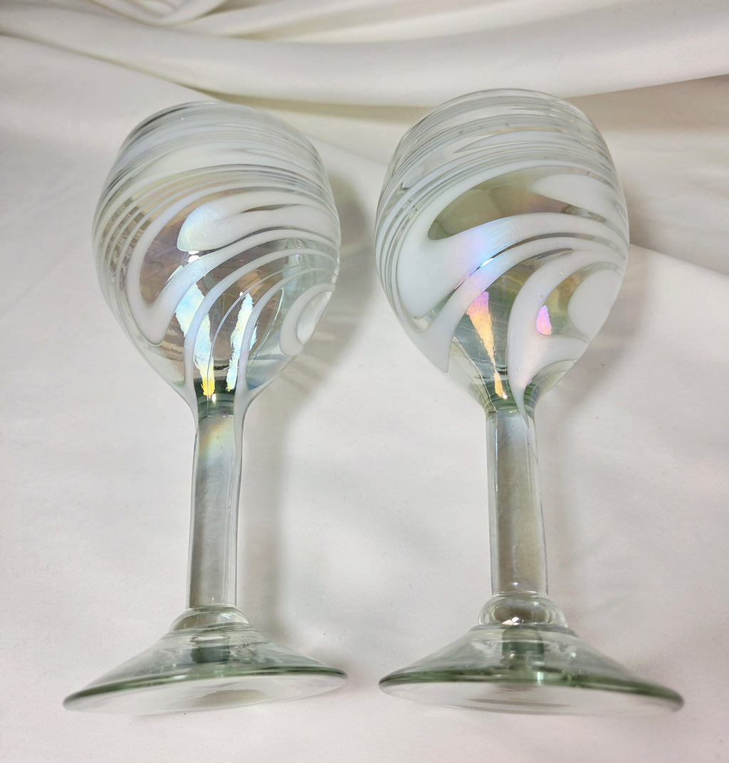 Hand Blown Art Glass Wine Goblets – White Iridescent Swirl Pair – 7.5"