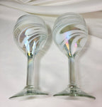 Hand Blown Art Glass Wine Goblets – White Iridescent Swirl Pair – 7.5"