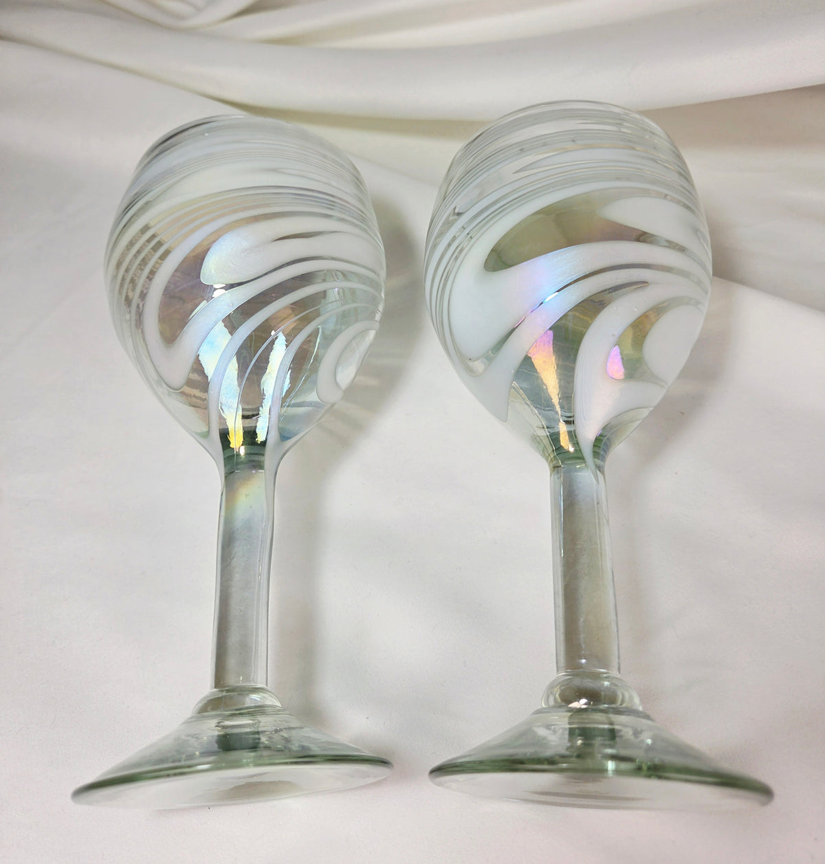 Hand Blown Art Glass Wine Goblets – White Iridescent Swirl Pair – 7.5"