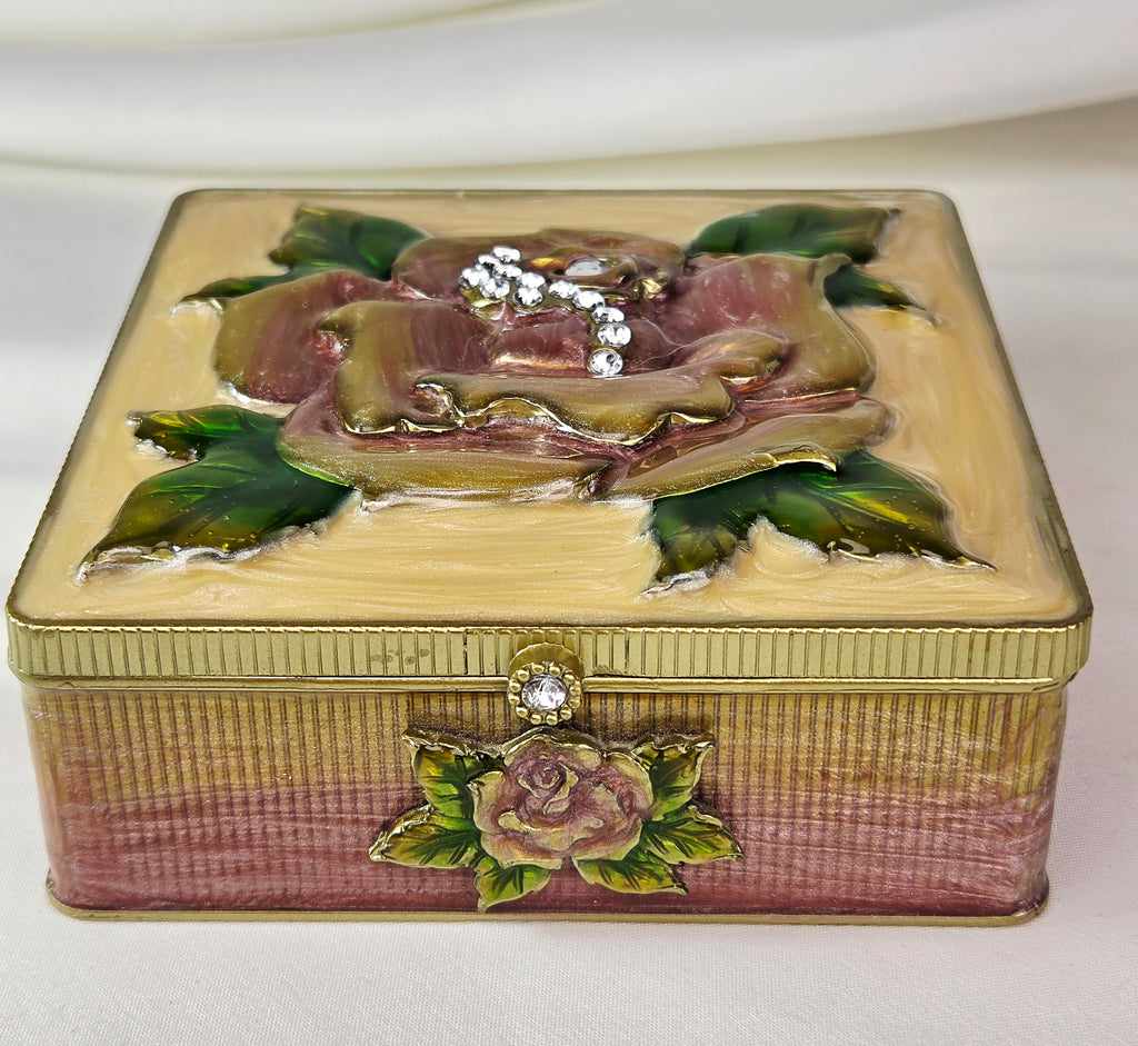 Ornate Floral Enamel Mirrored Jewelry Box Raised Rose Rhinestones Gold Tone Jay Strongwater Style 4"