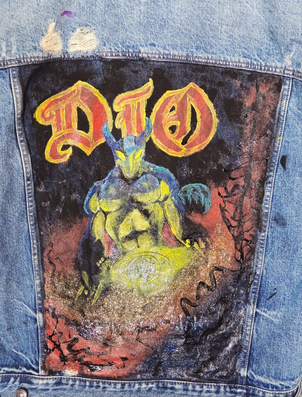 Custom Eddie Munson Tribute Battle Vest American Eagle Hand Painted DIO Inspired Denim Jacket L/G Upcycled One of a Kind