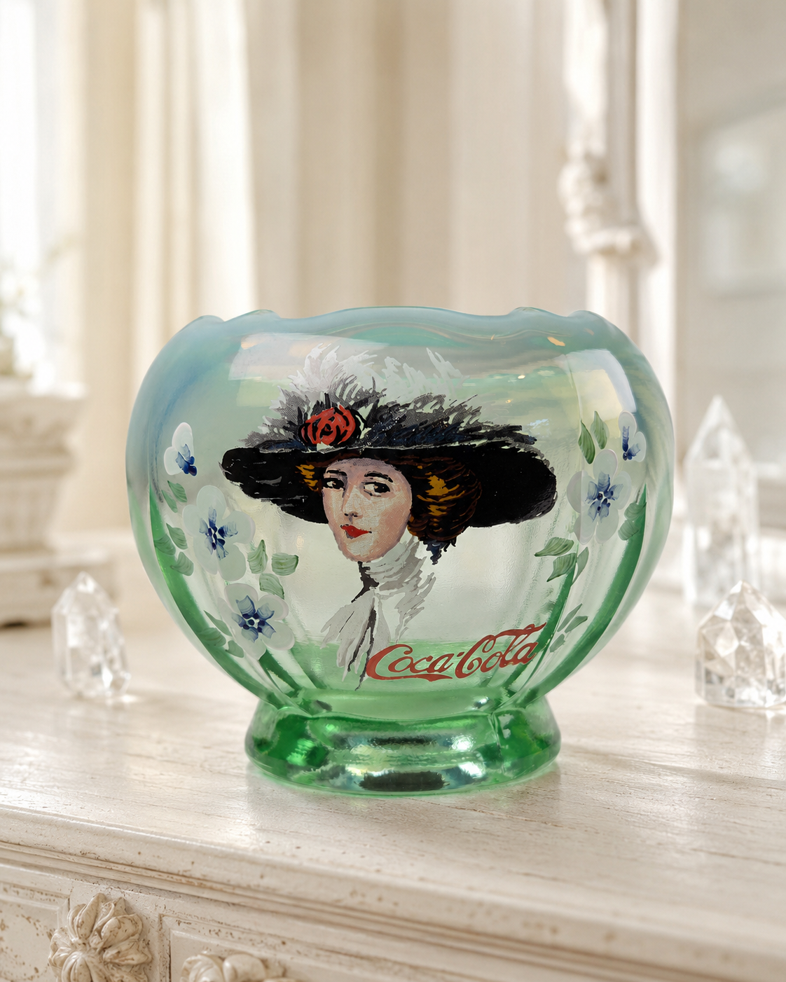 Fenton Green Opalescent Coca-Cola Gibson Girl Hand-Painted Rose Bowl