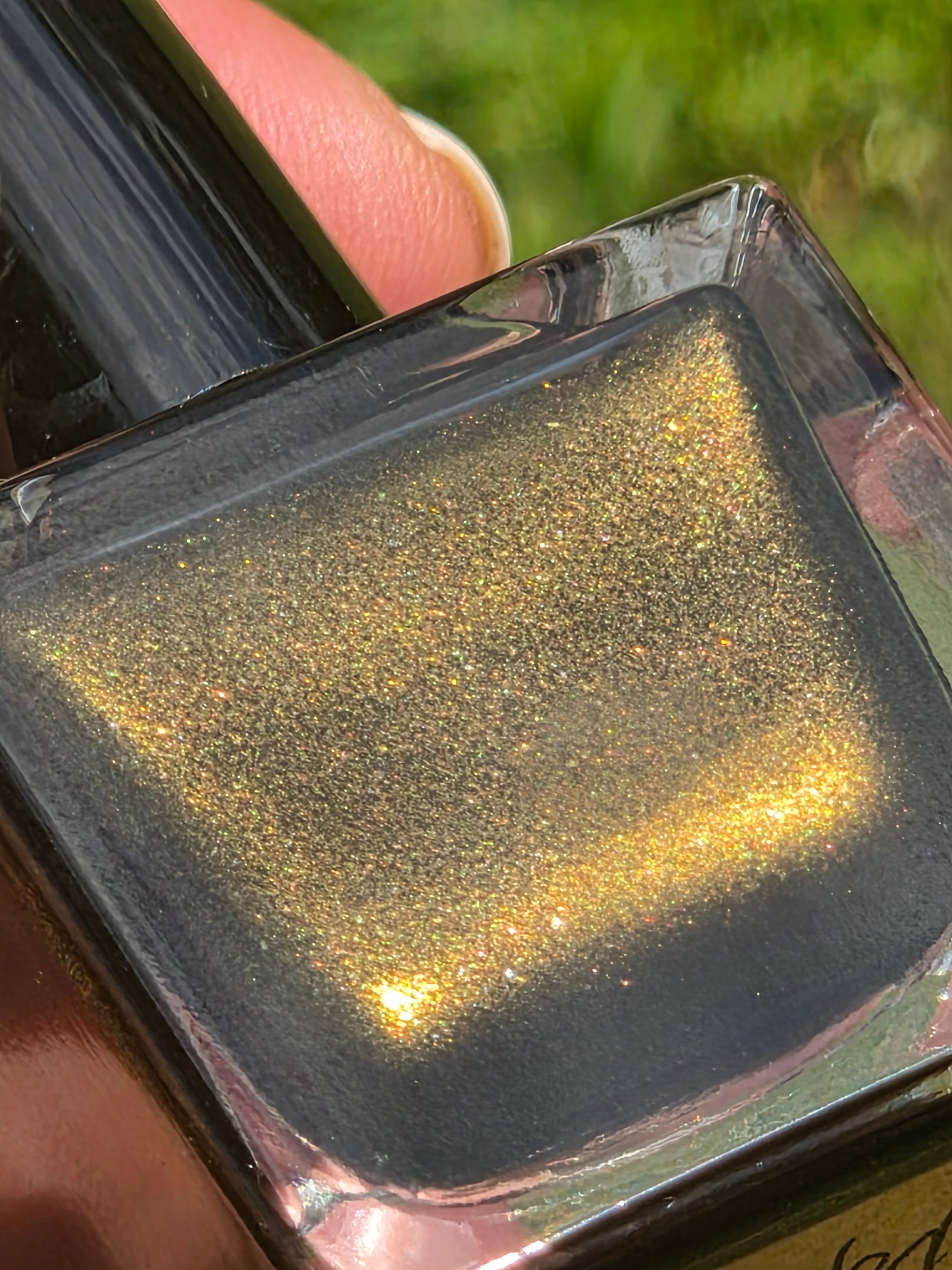 Liquid Krystal Co. Gilded Raven Black Gold Nail Polish | Charcoal Black Shimmer | Handmade Indie Nail Lacquer Prototype