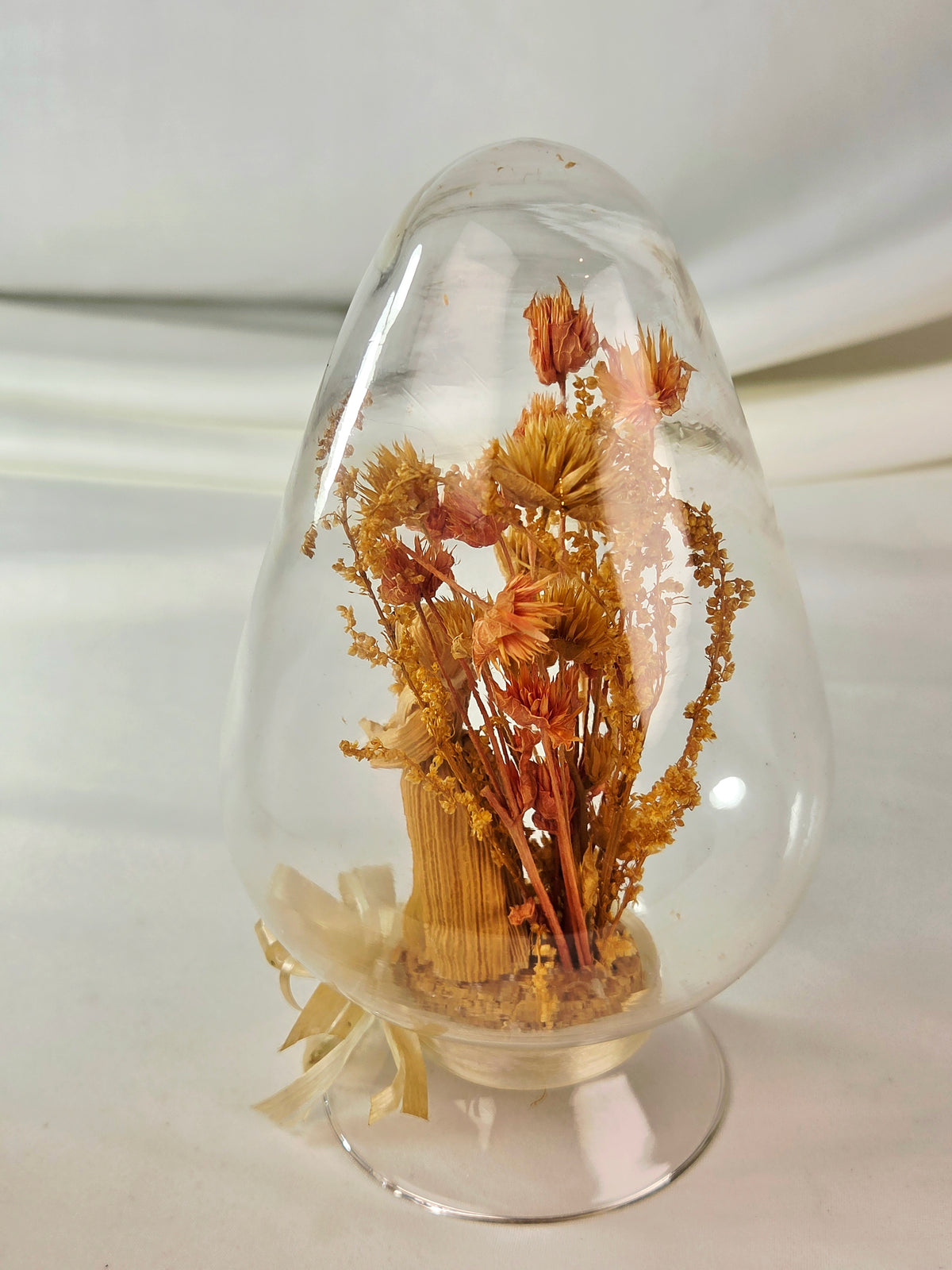 Vintage Taiwan Corn Husk Doll Glass Dome Dried Flower Diorama 6x4 Folk Art Decor
