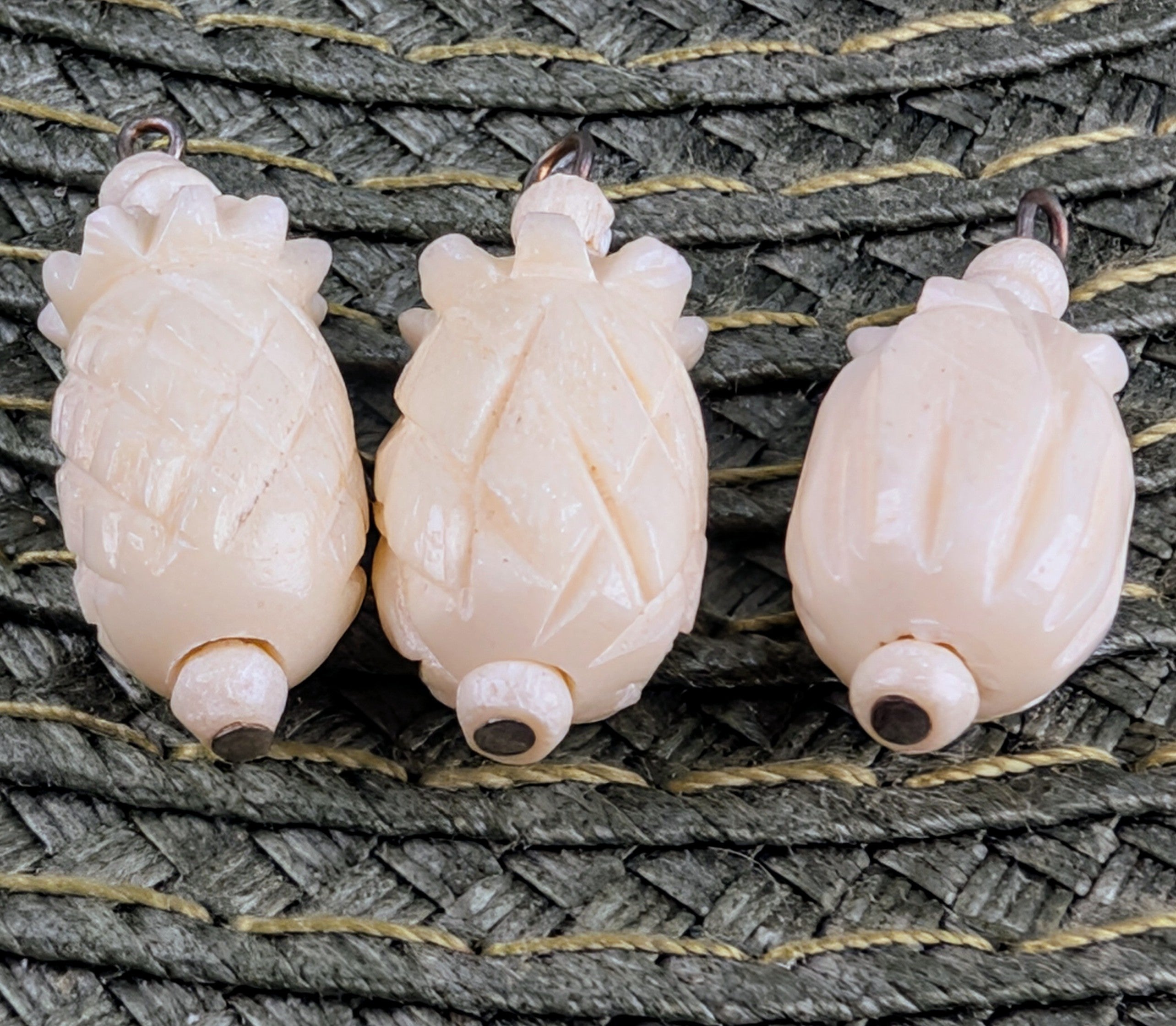 Vintage Hand Carved Pale Peach Stone Pineapple & Seed Pod Pendant Charm Trio Set