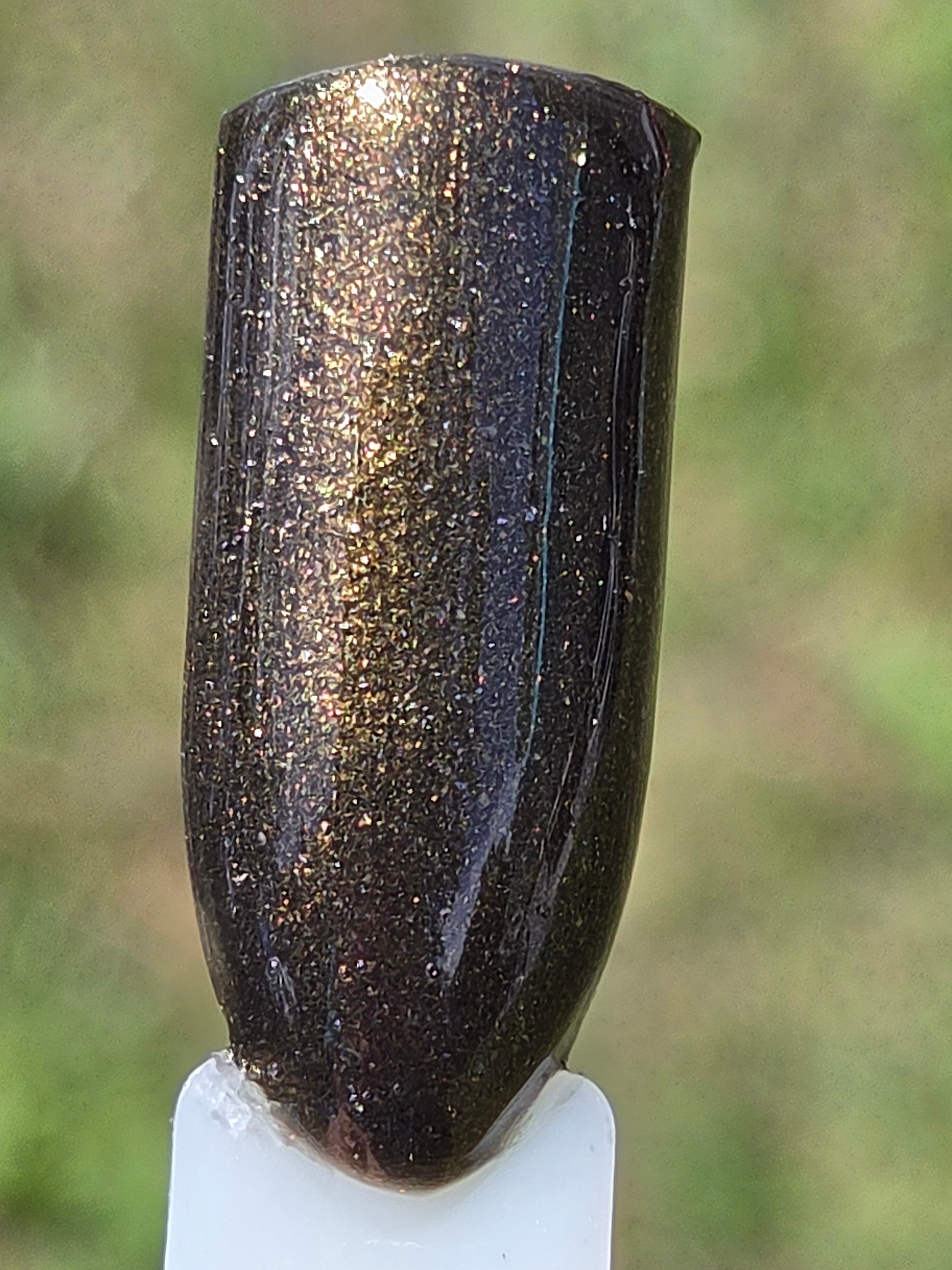 Liquid Krystal Co. Gilded Raven Prototype Nail Lacquer | Black Crelly with Antique Gold Shimmer | One-of-a-Kind Handmade Indie Polish