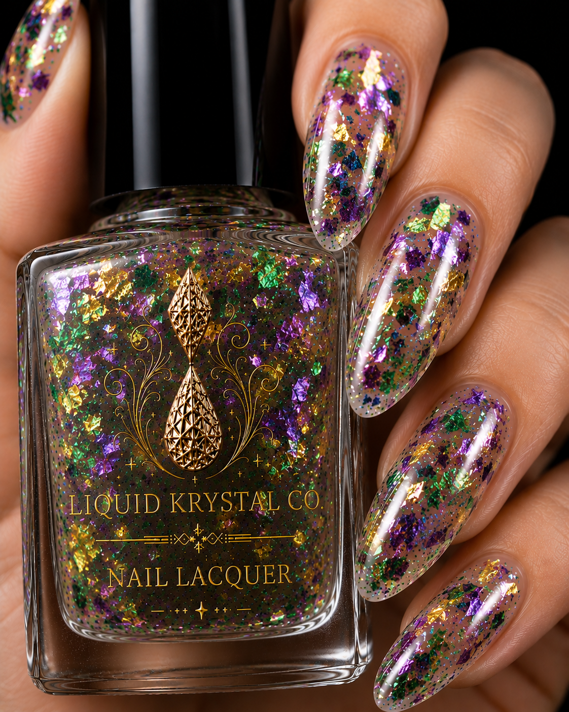 Venetian Carnival Nail Polish Prototype | Purple Green Gold Flake Glitter Topper | Clear Base Indie Nail Lacquer | Liquid Krystal Co.