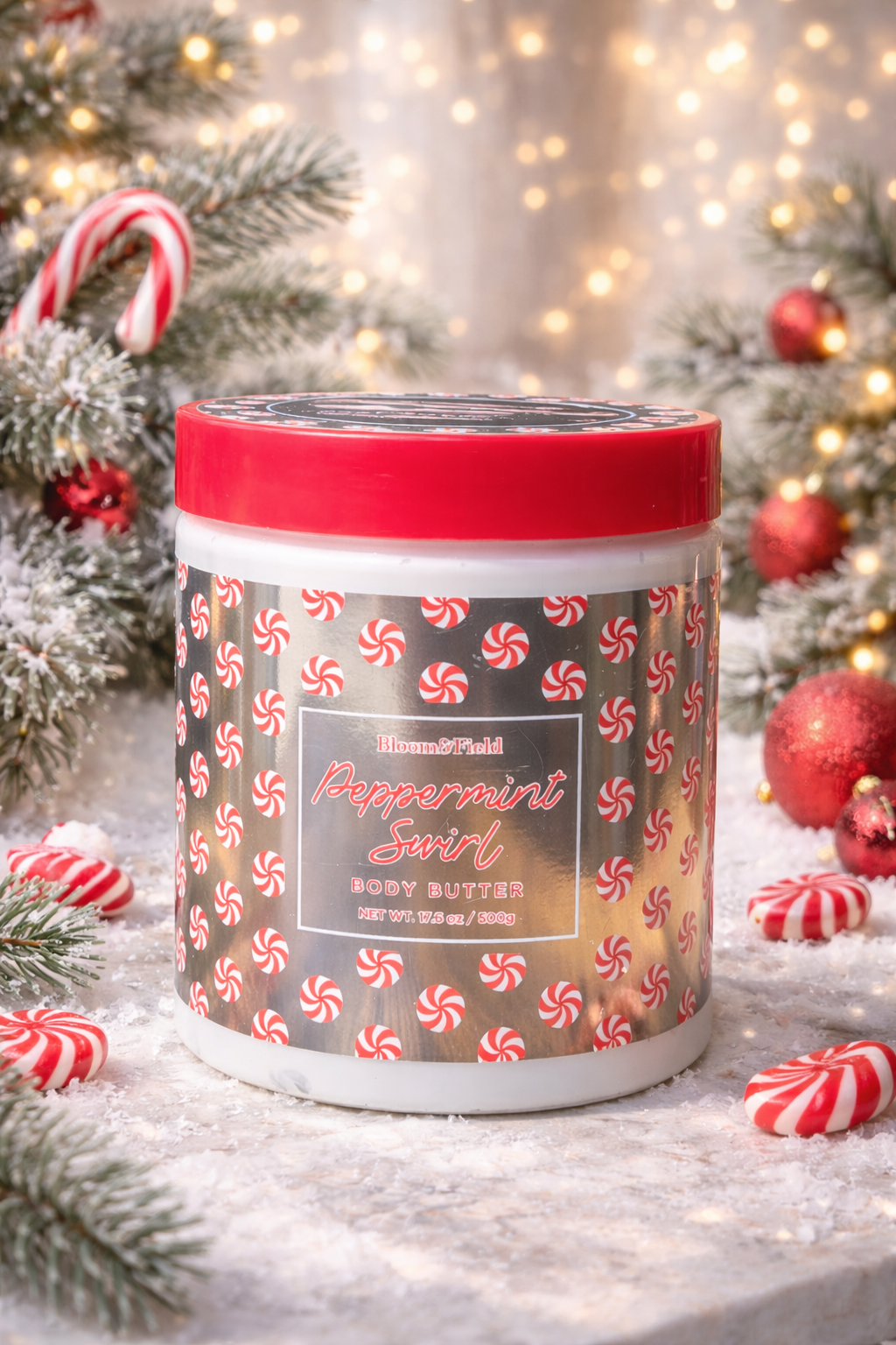 Bloom & Field Peppermint Swirl Body Butter 17.6 oz (500g) Large Holiday Peppermint Moisturizing Body Cream