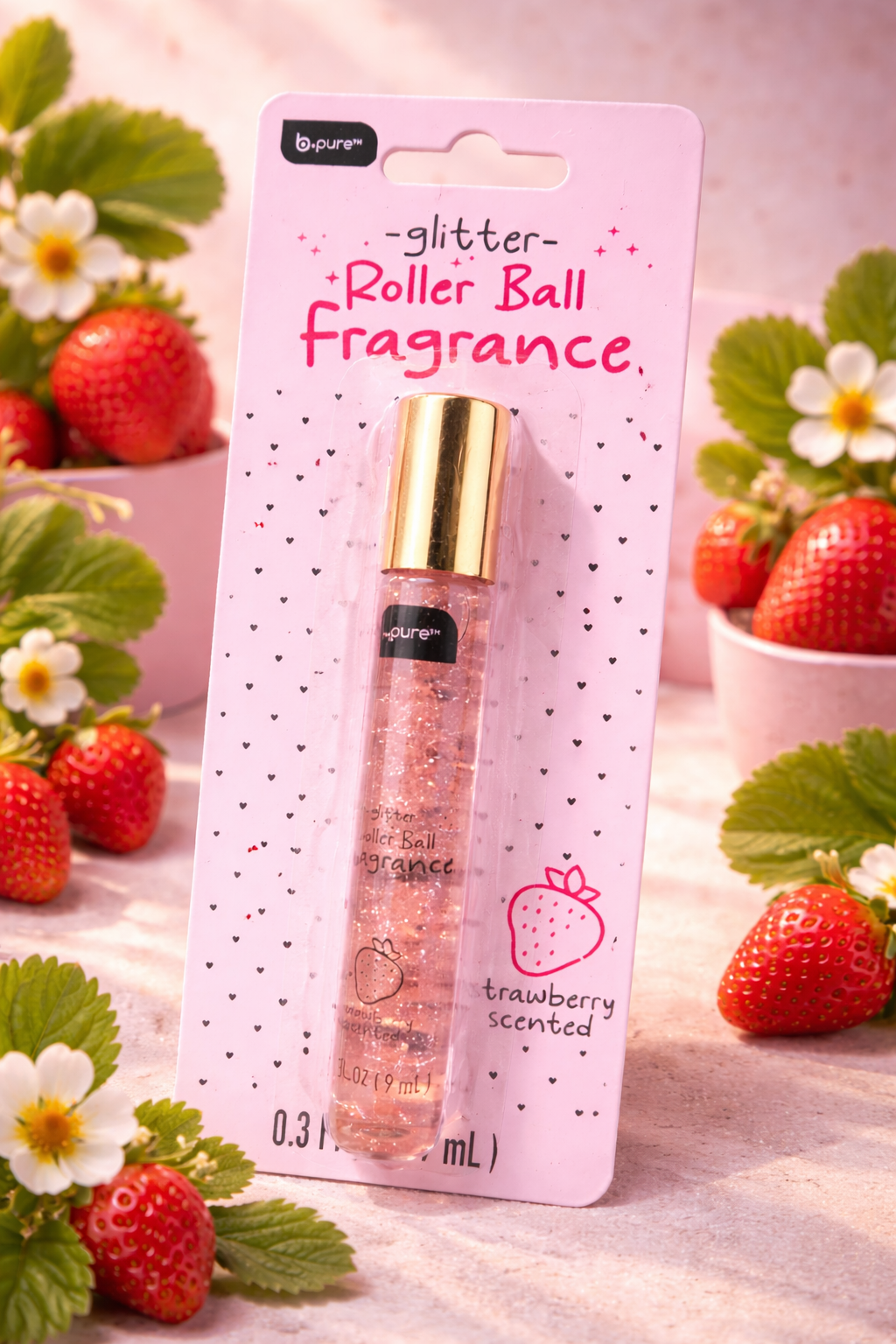 b•pure Glitter Roller Ball Fragrance | Strawberry Sugar Sparkle — Strawberry Scented Shimmer Perfume Oil | Travel Size