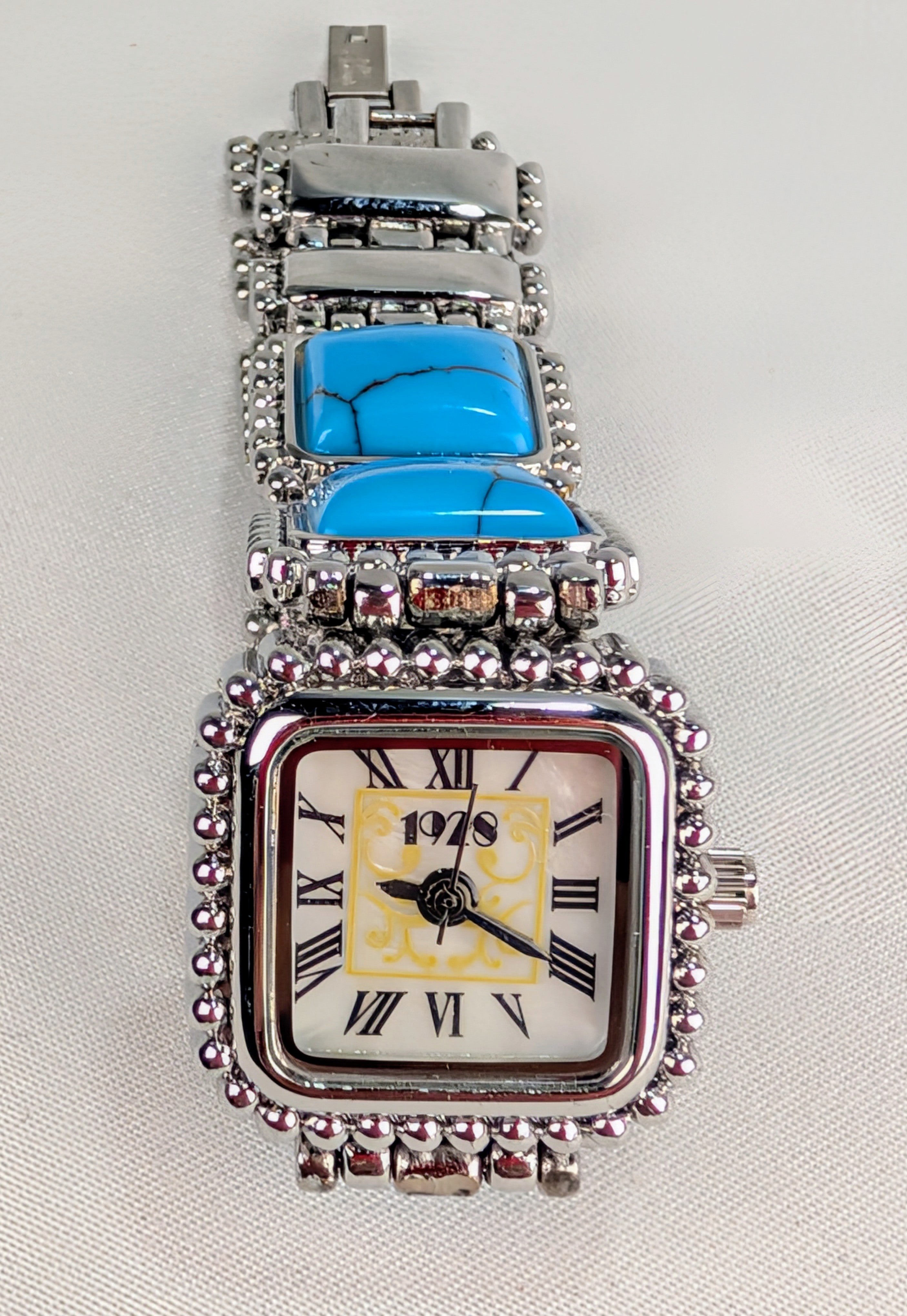 Vintage 1928 Turquoise Style Bracelet Watch Southwestern Beaded Silver Tone