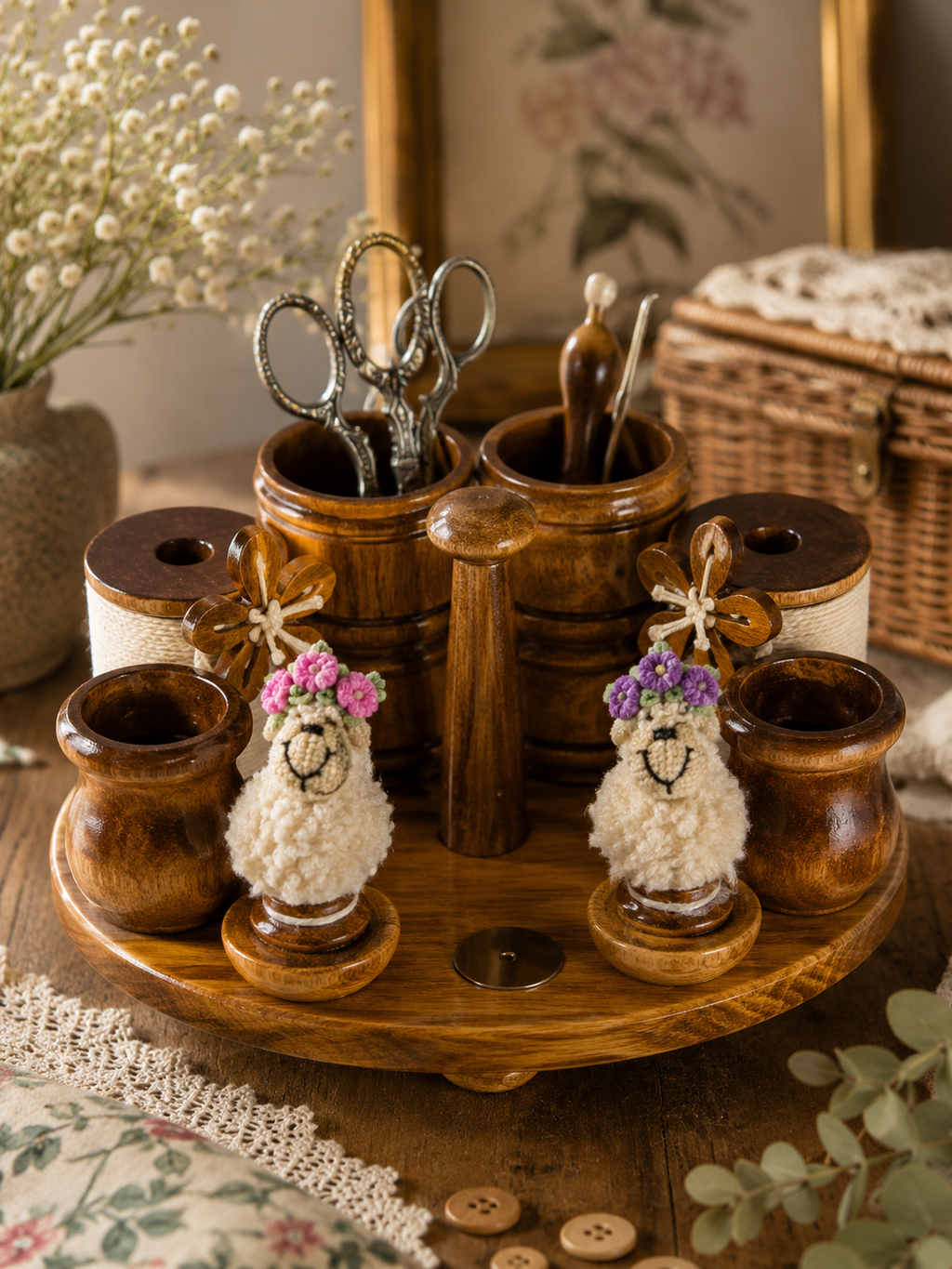Just Wood Sheep Organizer Caddy Rotating Needlework Station