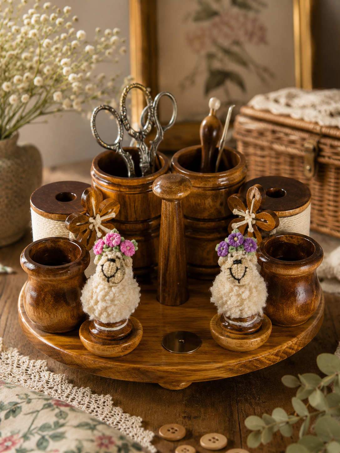 Just Wood Sheep Organizer Caddy Rotating Needlework Station