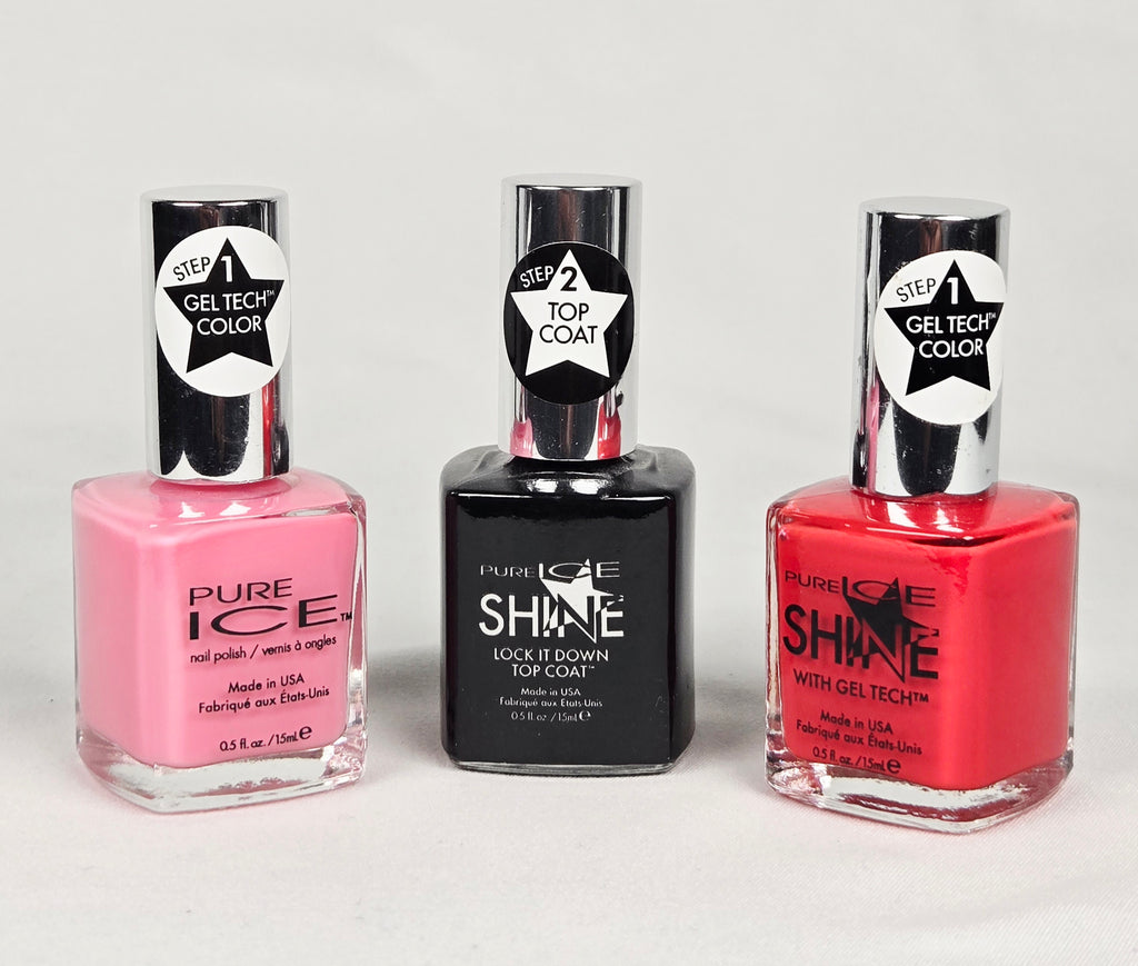 Pure Ice Shine Gel Tech Nail Polish Set – 2-Step Shine System | Red, Pink & Top Coat