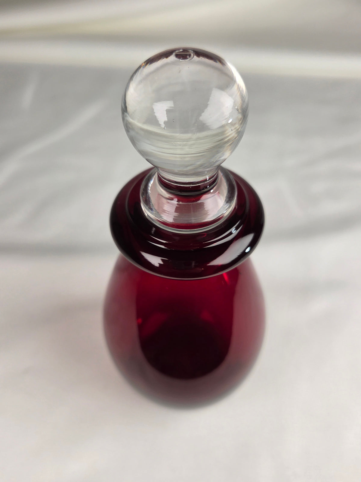 Vintage Ruby Red Art Glass Perfume Bottle with Clear Ball Stopper