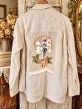 Ginny Couture Handmade Linen-Blend Button-Down Shirt with Portrait Floral Appliqué Unmarked XL Fit