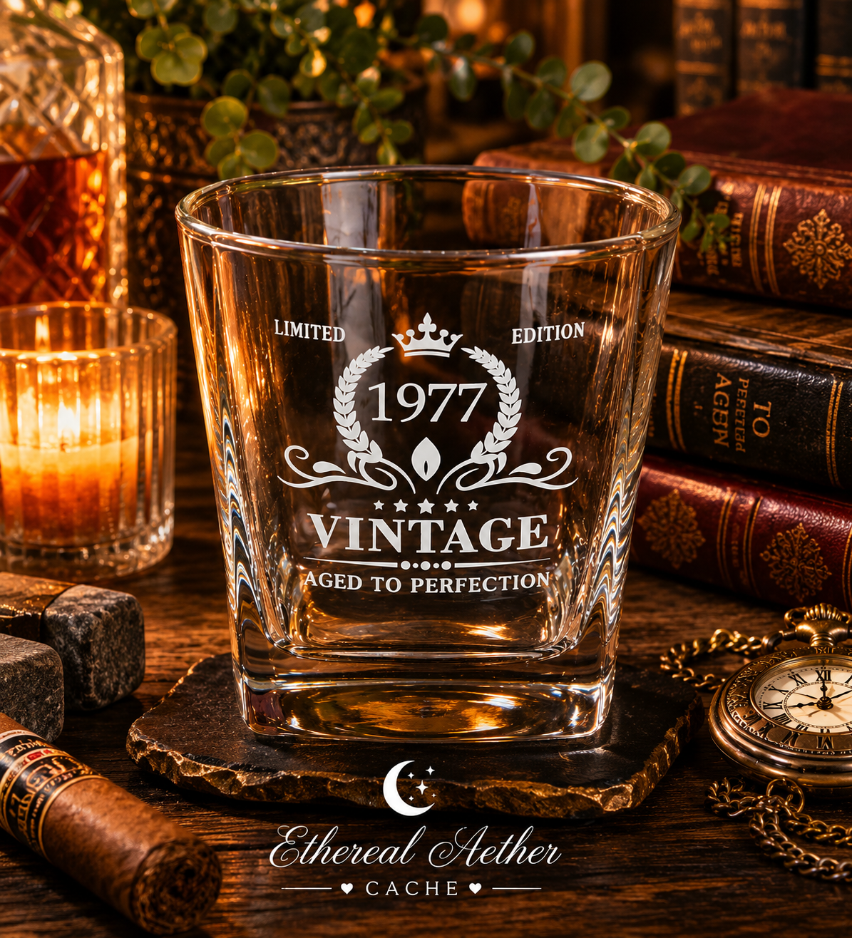 1977 Vintage Aged To Perfection Whiskey Glass Limited Edition Rocks Glass Gift Set