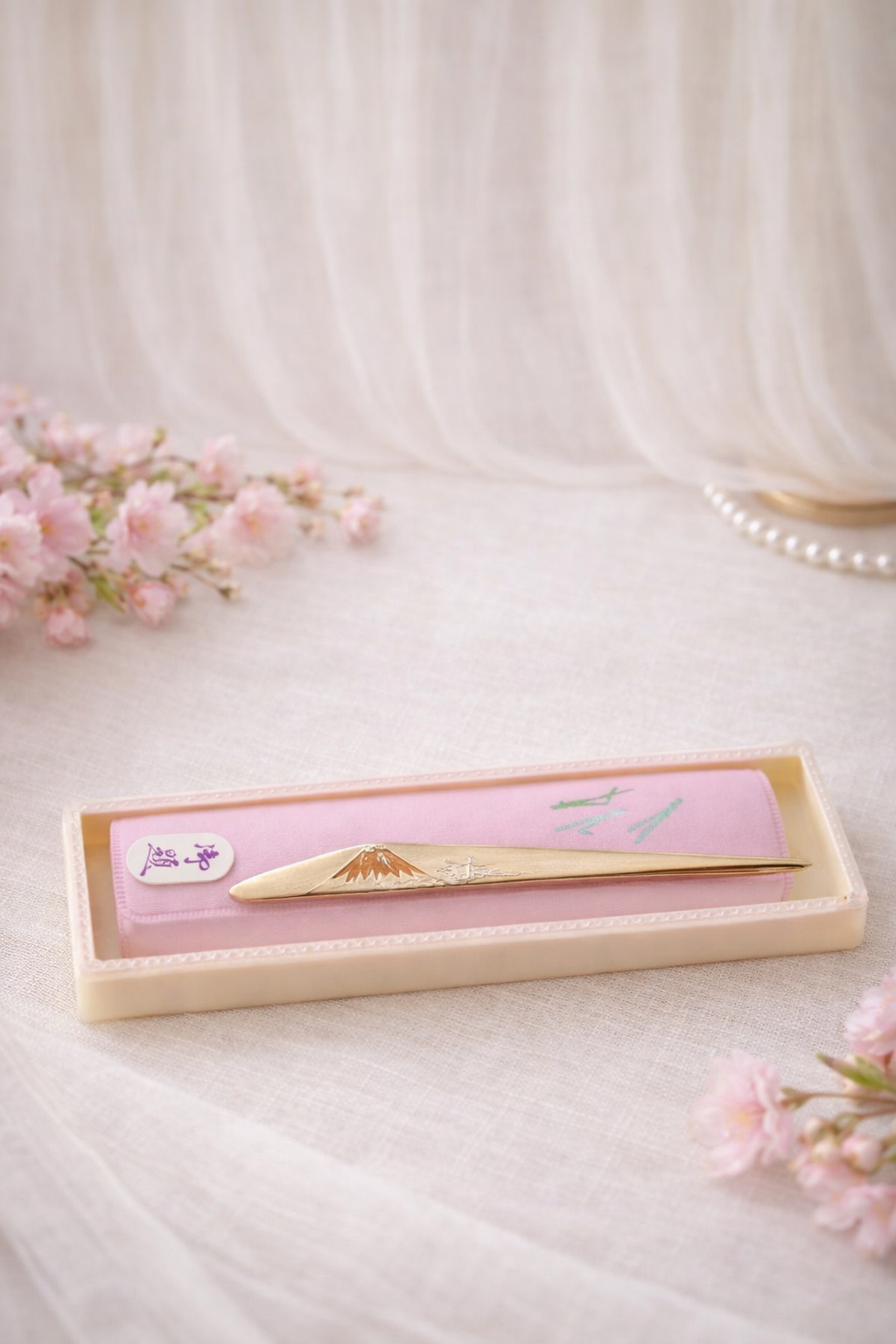 Gold & Silver-Tone Mount Fuji Hair Stick with Hanko Tag | Vintage Japanese Adornment (4”)