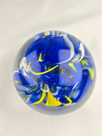 Glass Art Paperweight Orb Blue Yellow Swirl Clear Handblown Style 3.5 Inch Display Piece