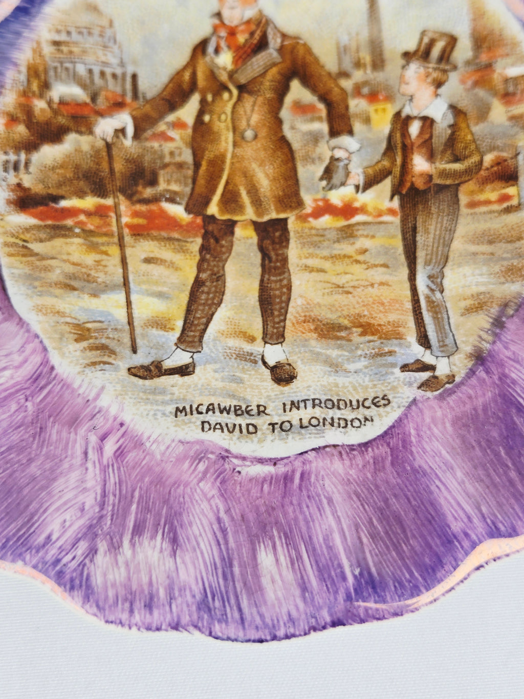 Lancaster & Sandland England Vintage Lusterware Dish – Dickens “Micawber Introduces David to London” Purple Collector Piece