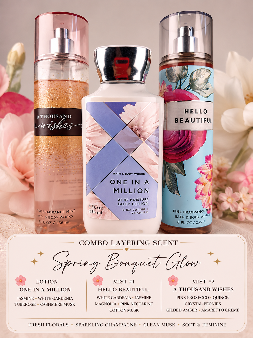 Bath & Body Works Spring Bouquet Glow Layering Combo Set | One In A Million Lotion + Hello Beautiful + A Thousand Wishes Mist
