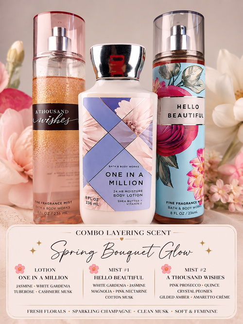 Bath & Body Works Spring Bouquet Glow Layering Combo Set | One In A Million Lotion + Hello Beautiful + A Thousand Wishes Mist