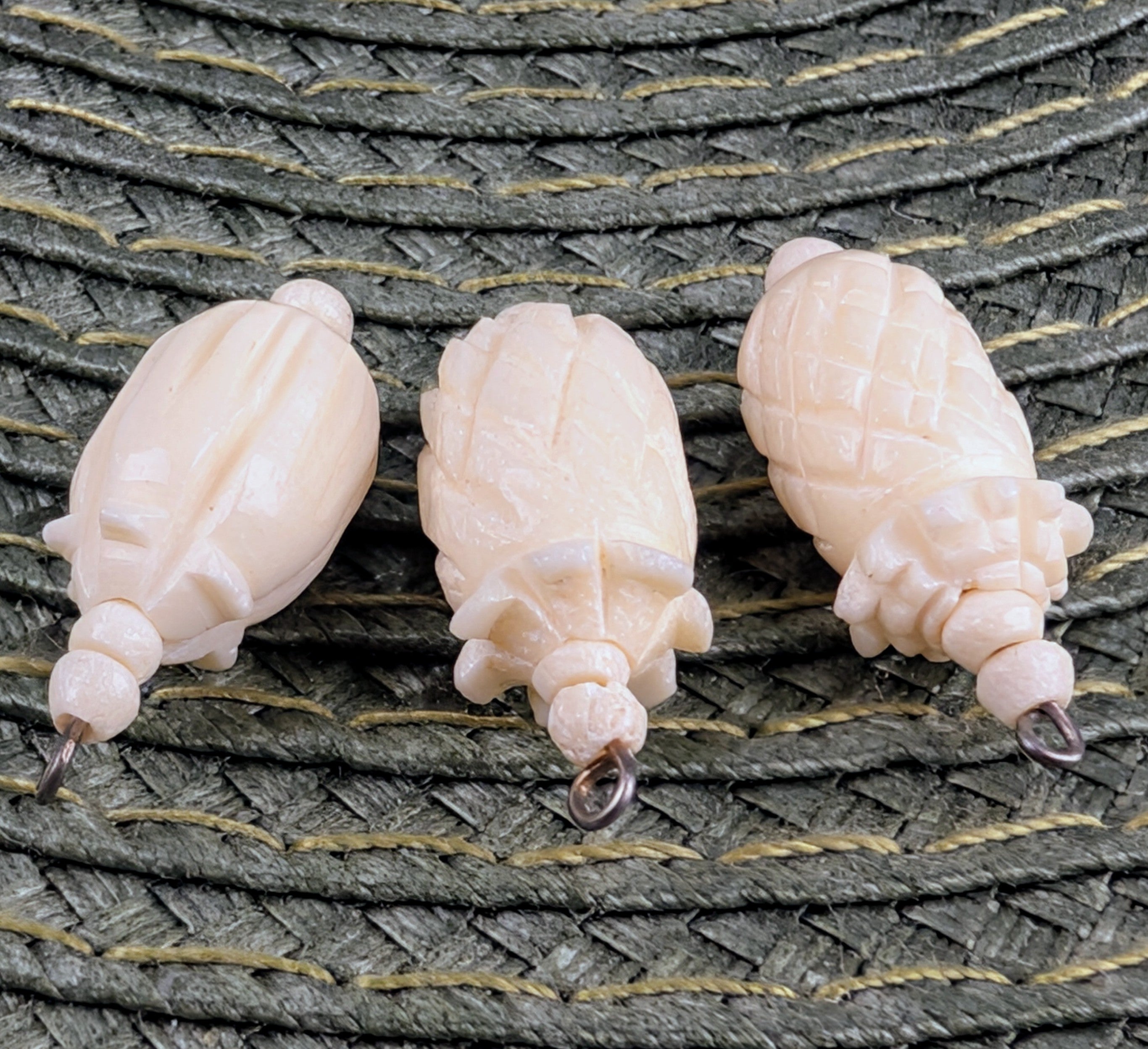 Vintage Hand Carved Pale Peach Stone Pineapple & Seed Pod Pendant Charm Trio Set