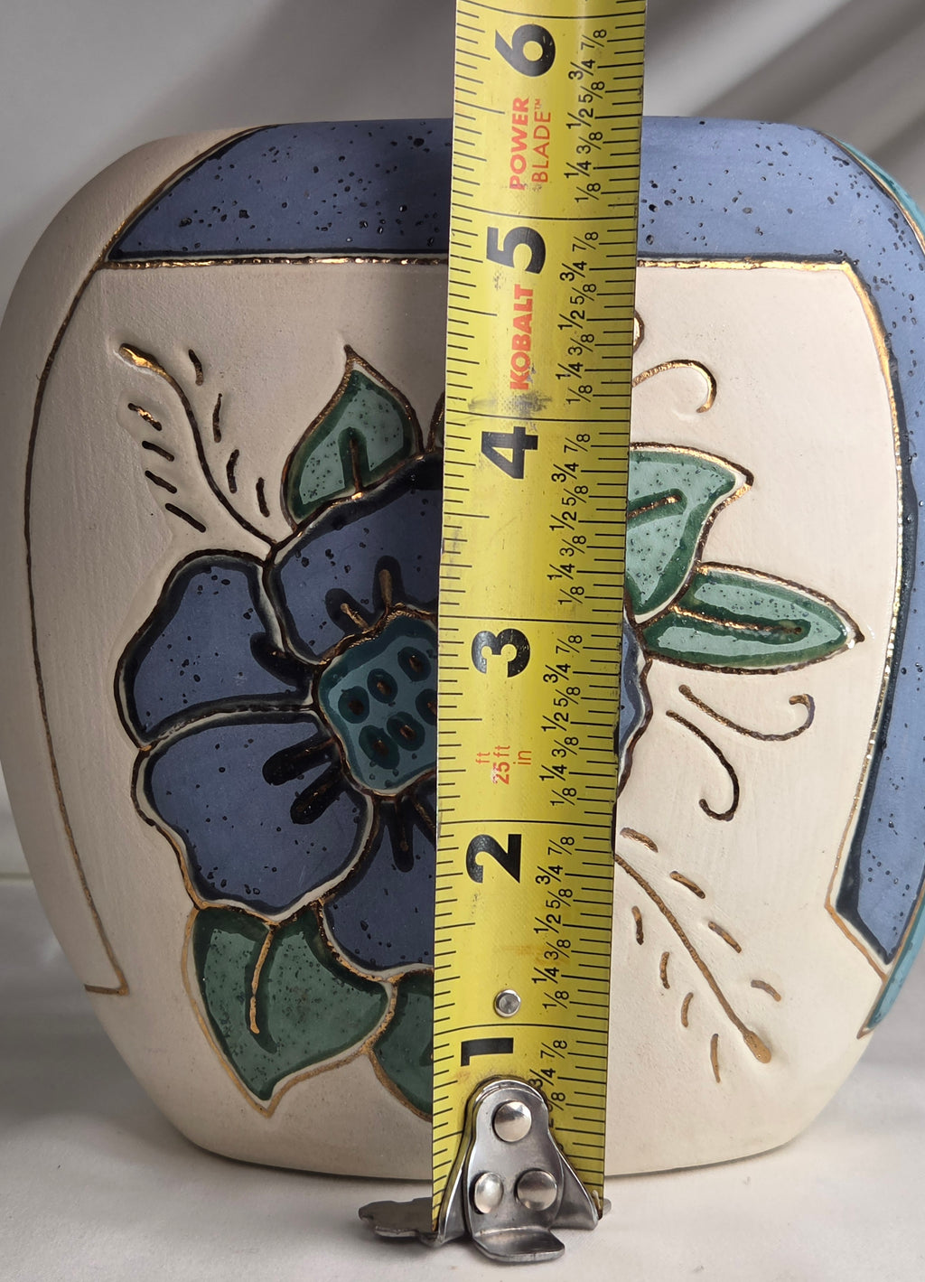 Vintage Artist-Signed Studio Pottery Floral Vase Blue Green Gold Ceramic
