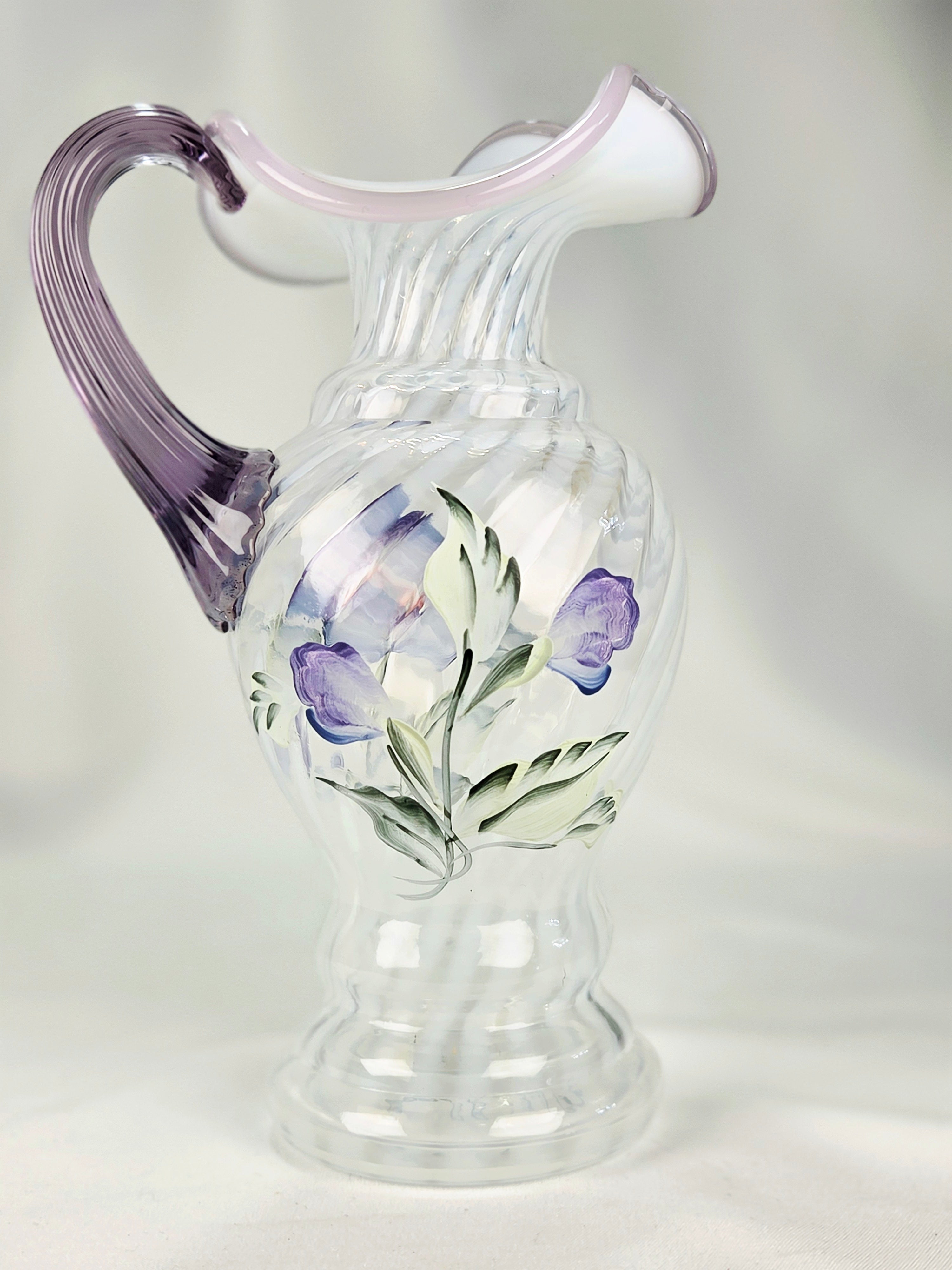 Fenton Hand Blown Hand Painted Lavender Floral Art Glass Pitcher Vase USA Signed Vintage