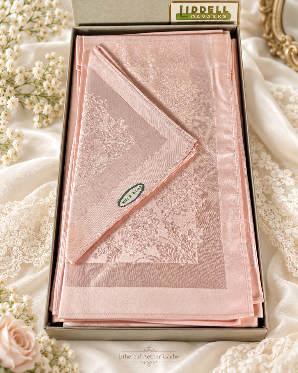 Vintage Liddell’s Irish Floral Damask Pink Egyptian Cotton & Acetate Tablecloth & Napkin Set - Made in Ireland NOS Rare