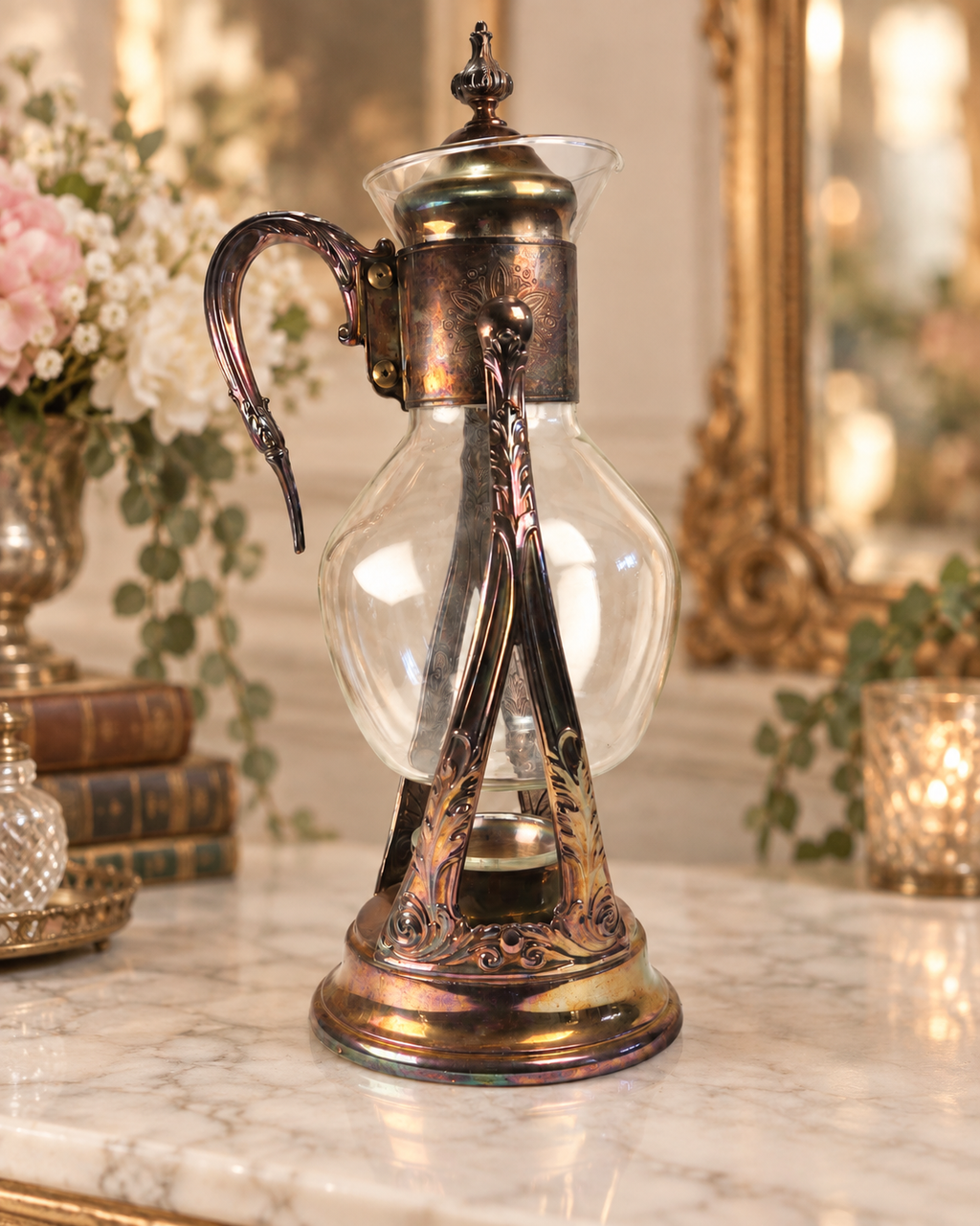 Vintage Silverplate & Glass Carafe with Warmer Base, Ornate Unmarked Coffee Tea Server, Art Deco Style Decorative Ewer