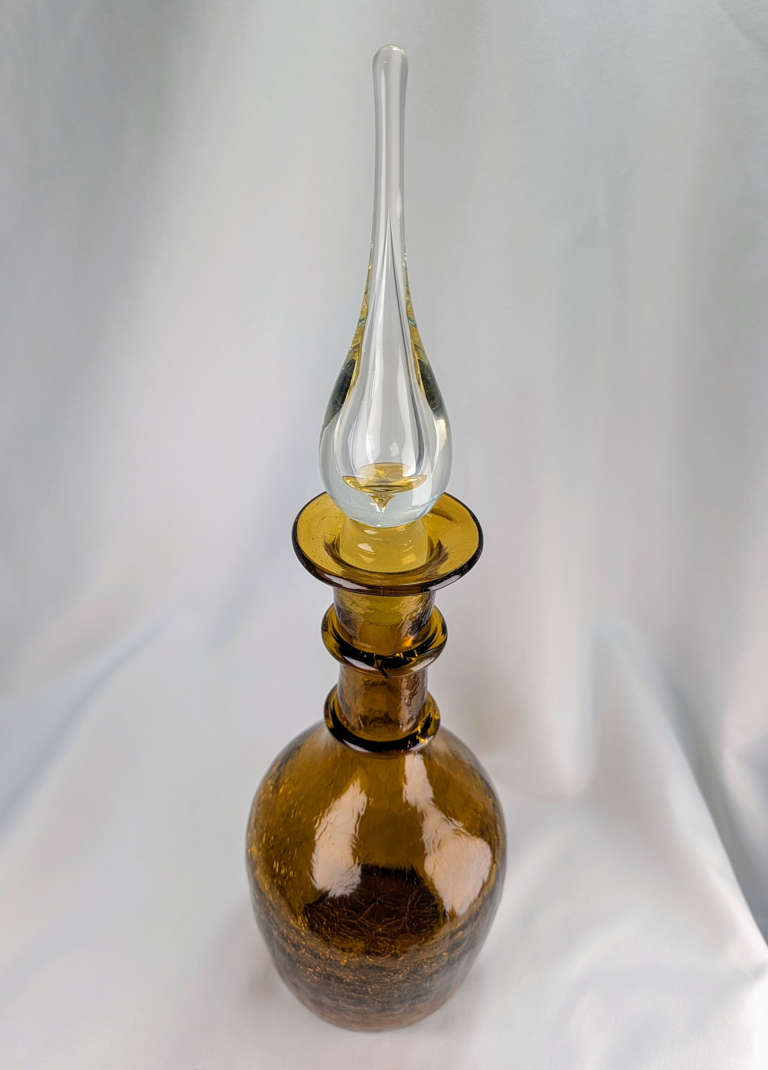 Mid Century Amber Genie Bottle Barware with Flame Stopper Art Glass Display